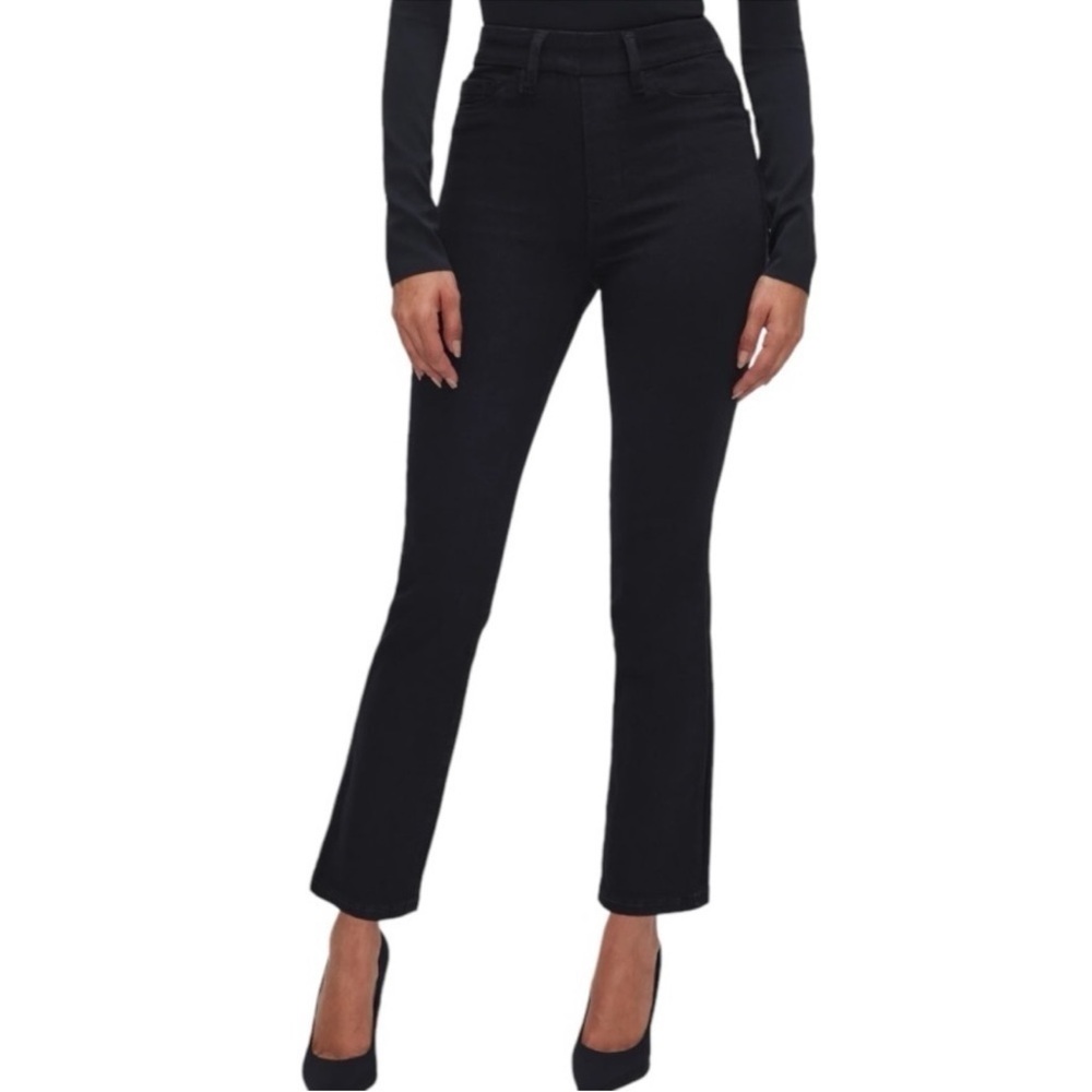 NWT Good American Good Legs Straight Jeans Small Black Mid Rise Tummy Tech 1